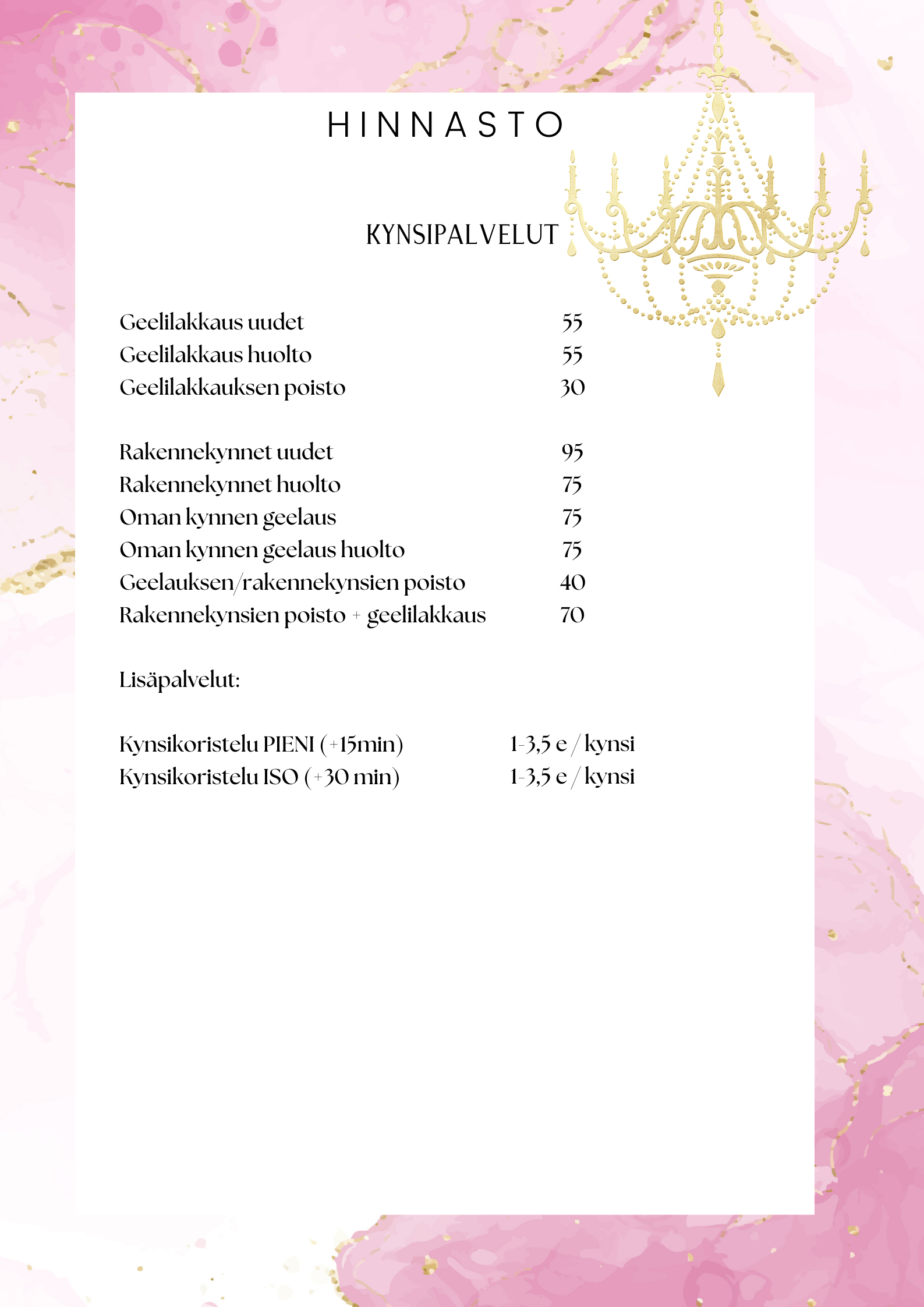 kynsipalveluiden hinnasto